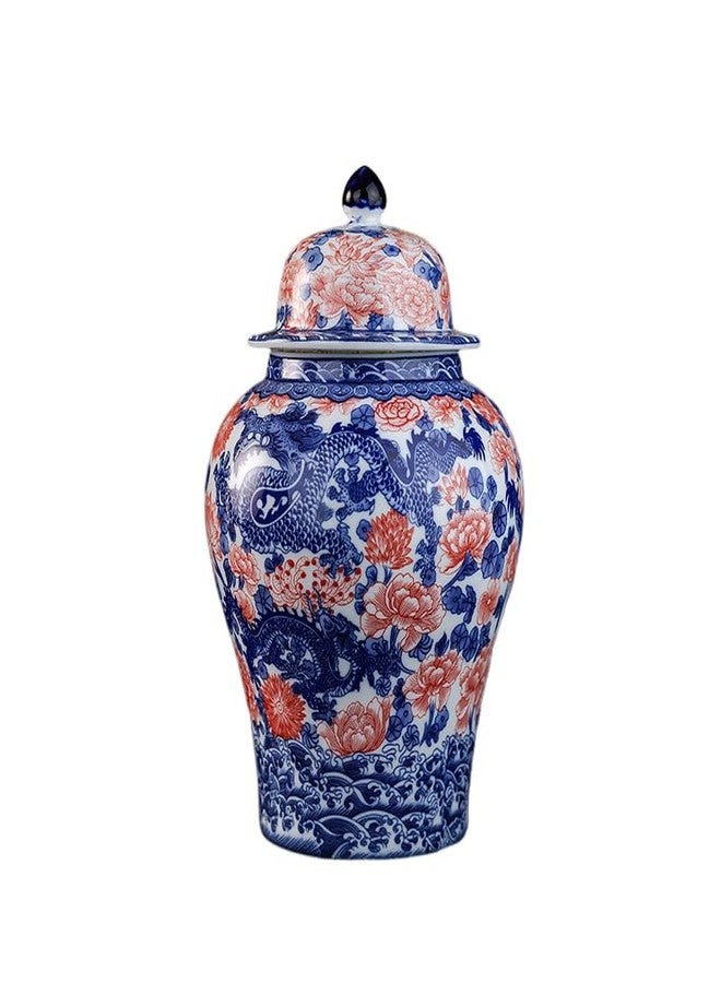 SILINE Porcelain Airtight Canister 45 Oz/1350ml, Blue White with Red Glazed Ceramic Large Food Storage Jar, Home Décor,Room Office Decoration -Dragon - Image 1